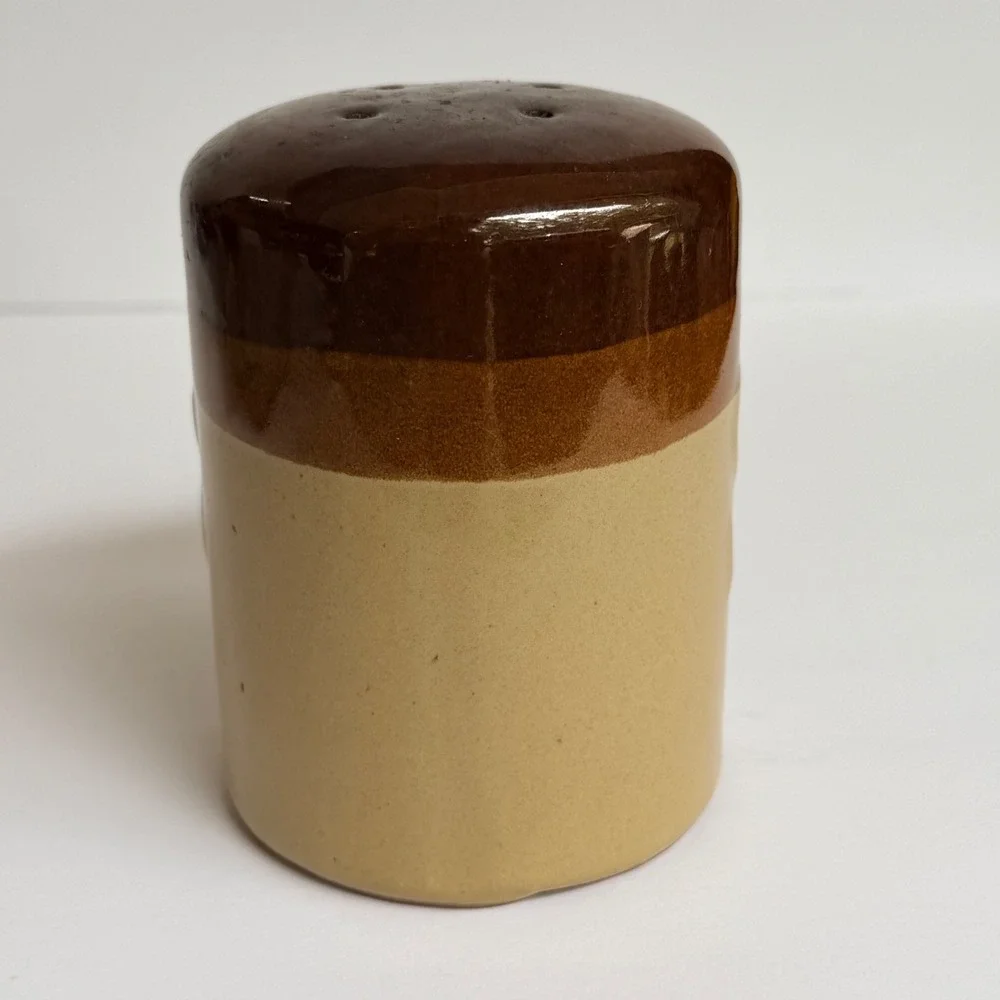 Vintage Stoneware Salt Shaker Mug Shape Brown Tan Glazed Ceramic S Embossed 4in
